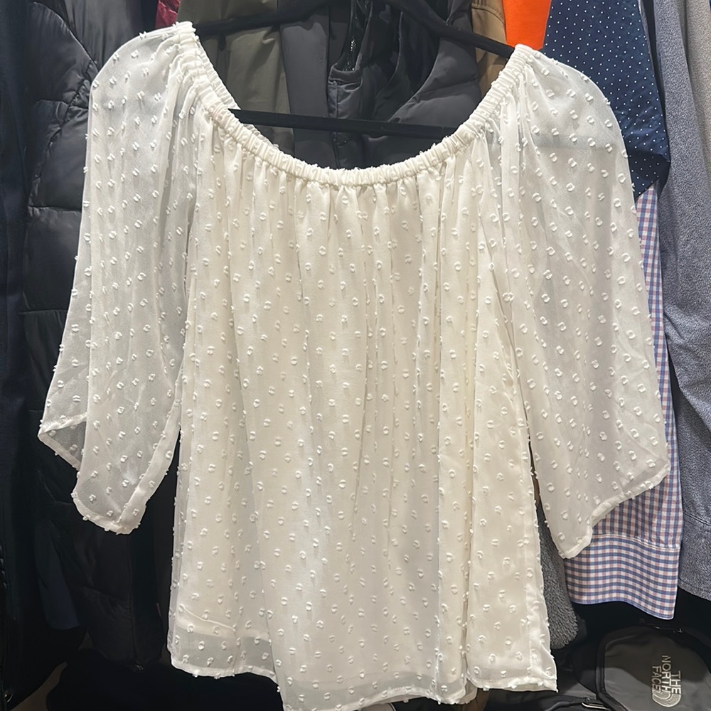 White off the shoulder, Miami shirt from Francesca’s
